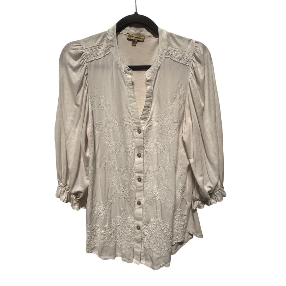 Democracy Blouse Women's Medium Cottage White Embroidered Romatic Long Sleeve